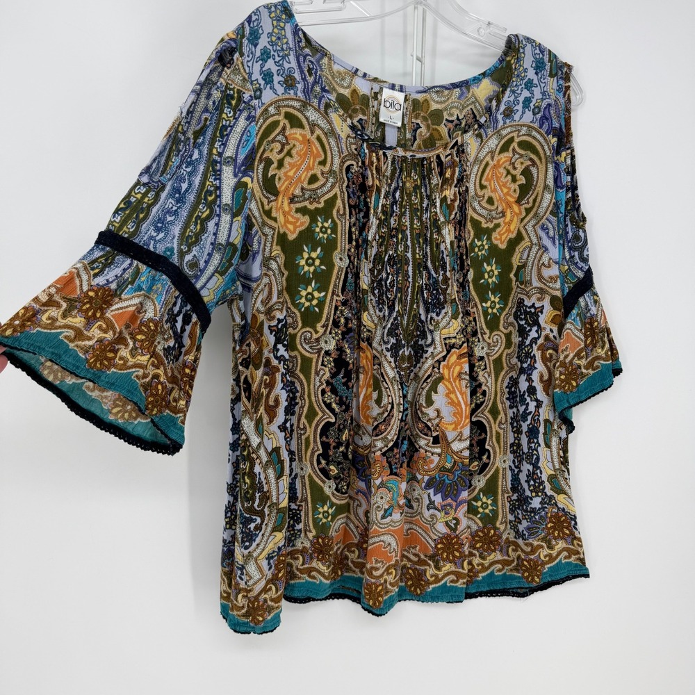 Bila Top Womens L Multicolor Paisley Cold Shoulder Bell Sleeve Boho Resortwear